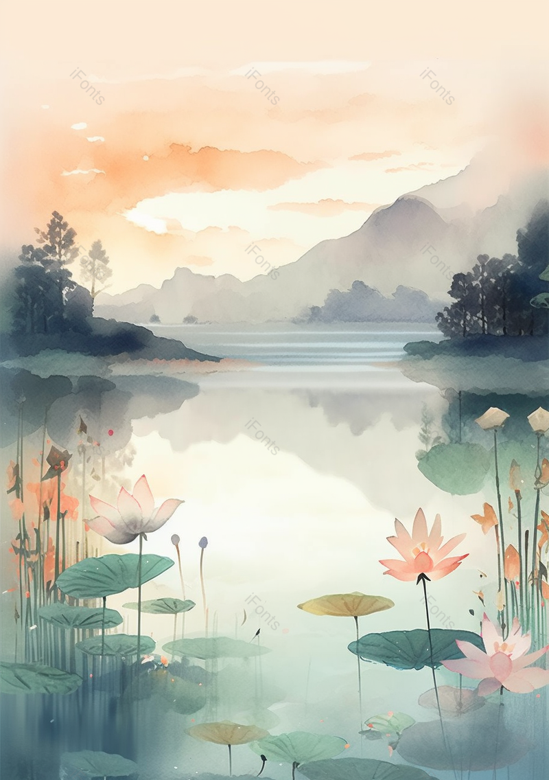 宫崎骏动漫风小清新荷花日漫风格手绘插画背景,插画/手绘图,插画/手绘图库,插画/手绘图下载,插画/手绘
